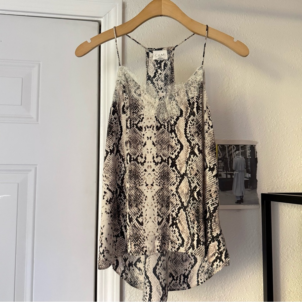 CAMI NYC tan black silk python snake reptile lace trim camisole tank top